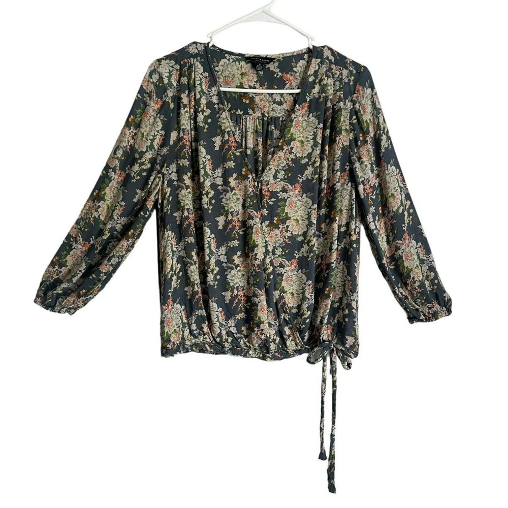 Lucky Brand Boho Floral Sawyer Surplice V-Neck Wrap Shirt Top Gray Multi Medium
